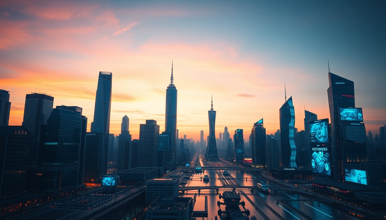Showcase advanced technology in a futuristic city skyline with digital screens lighting the night.