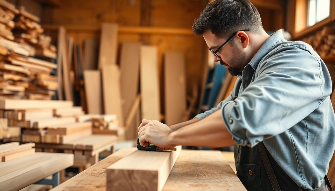 Professional carpenter performing detailed carpentry work using essential tools in a bright workshop environment.