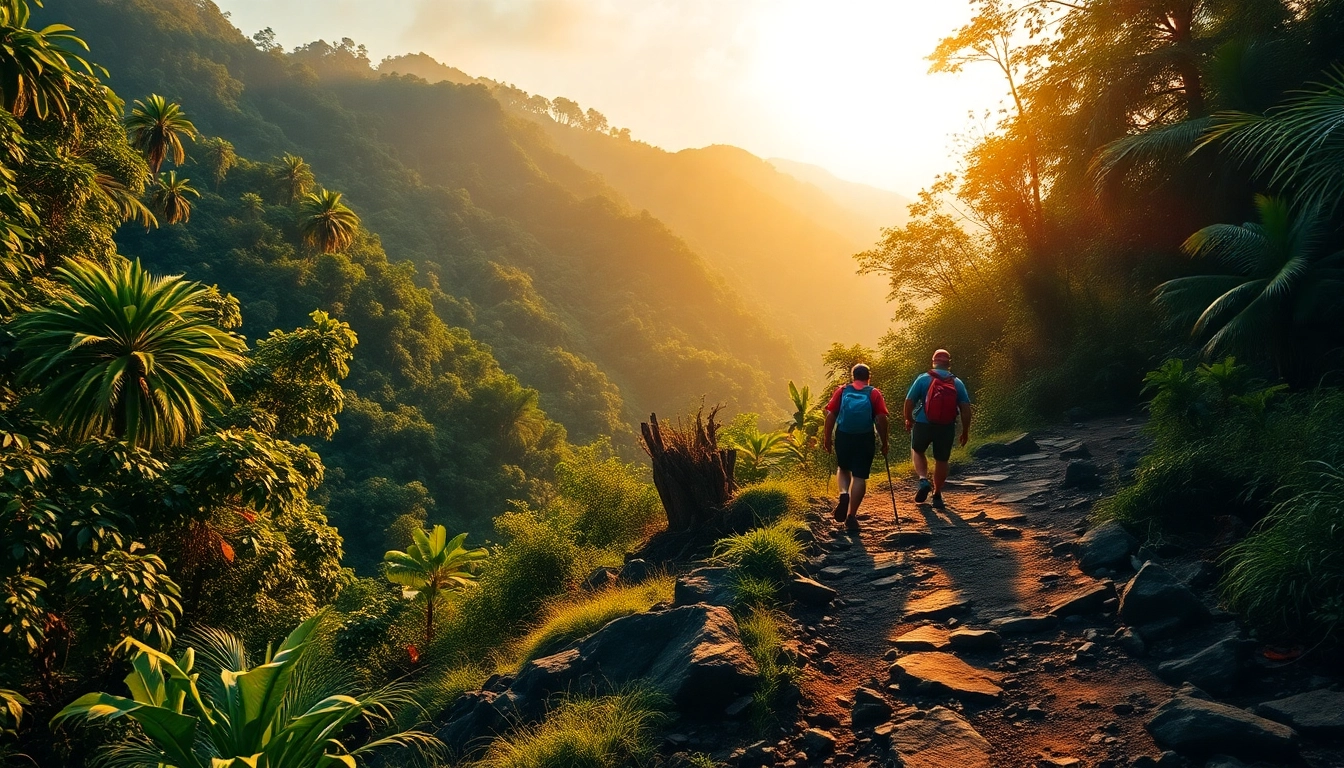 Trekking enthusiasts navigating rugged terrain in lush natural surroundings for an immersive outdoor experience.