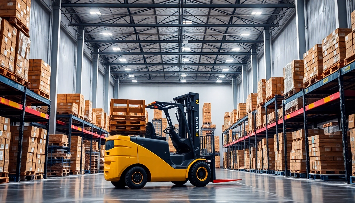 High-quality forklift rental service showcasing a diesel forklift in action handling heavy pallets in a large, well-lit warehouse environment.