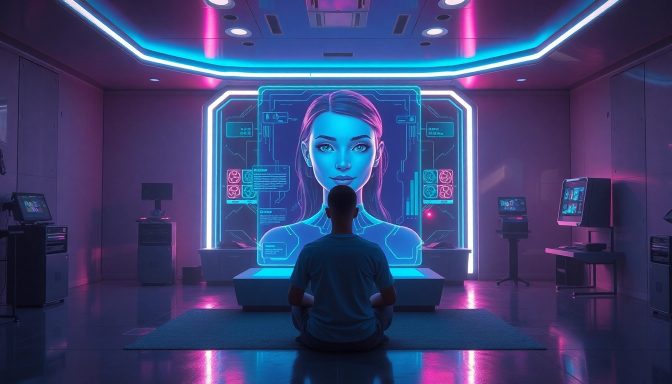 Futuristic scene of a human interacting with a holographic AI character in a neon-lit tech room.