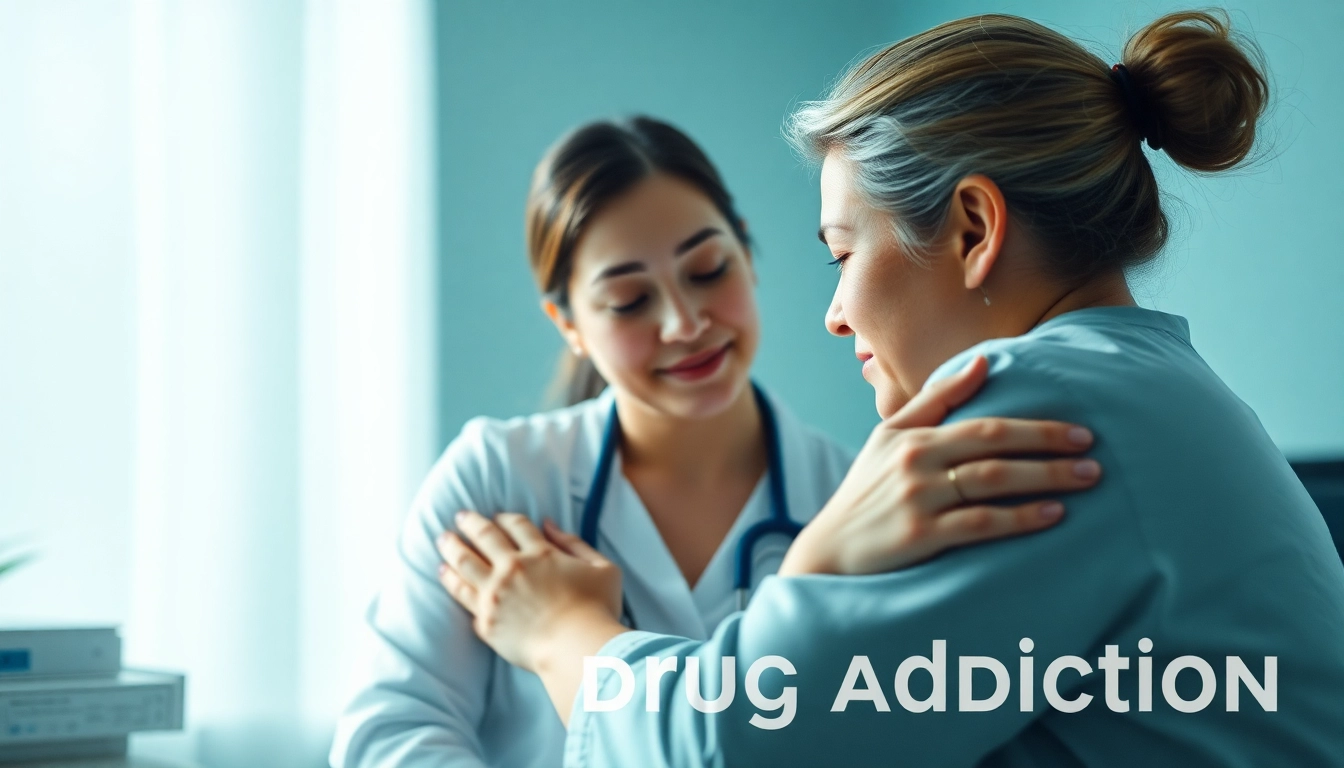 Healthcare professional offers support during treatment for drug addiction, emphasizing care and recovery in a clinical setting.