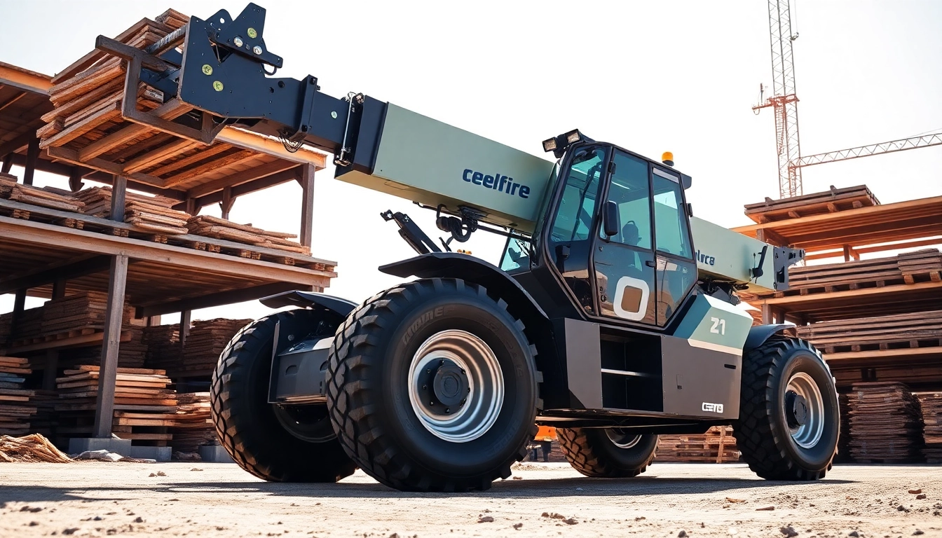 A robust telehandler for rental services lifting construction materials on a busy site, demonstrating strength and versatility for building projects.