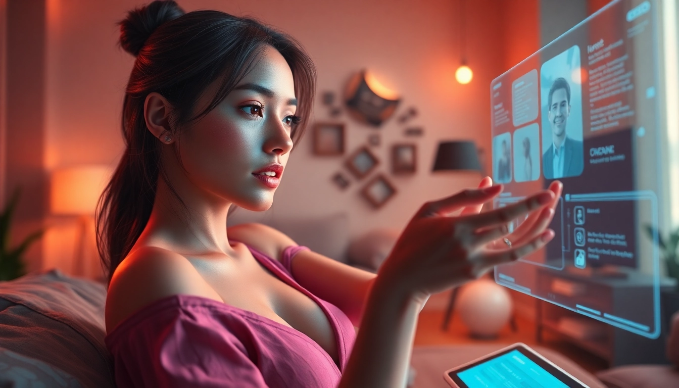 An immersive digital scene of a virtual female character in a cozy, futuristic room with warm lighting, emphasizing intimacy and digital interaction.