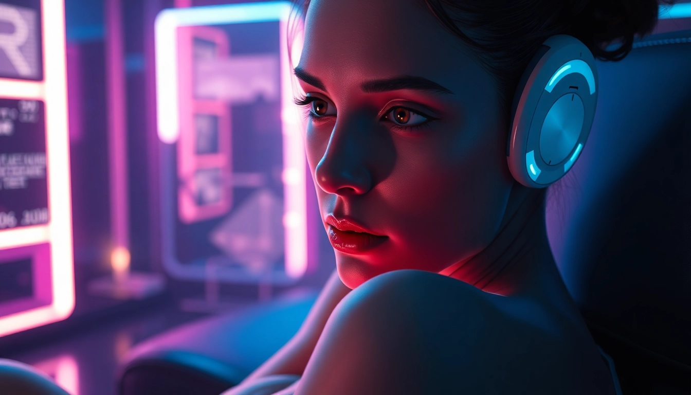 Futuristic AI character in a neon-lit cyberpunk setting, close-up scene emphasizing textures and mood.