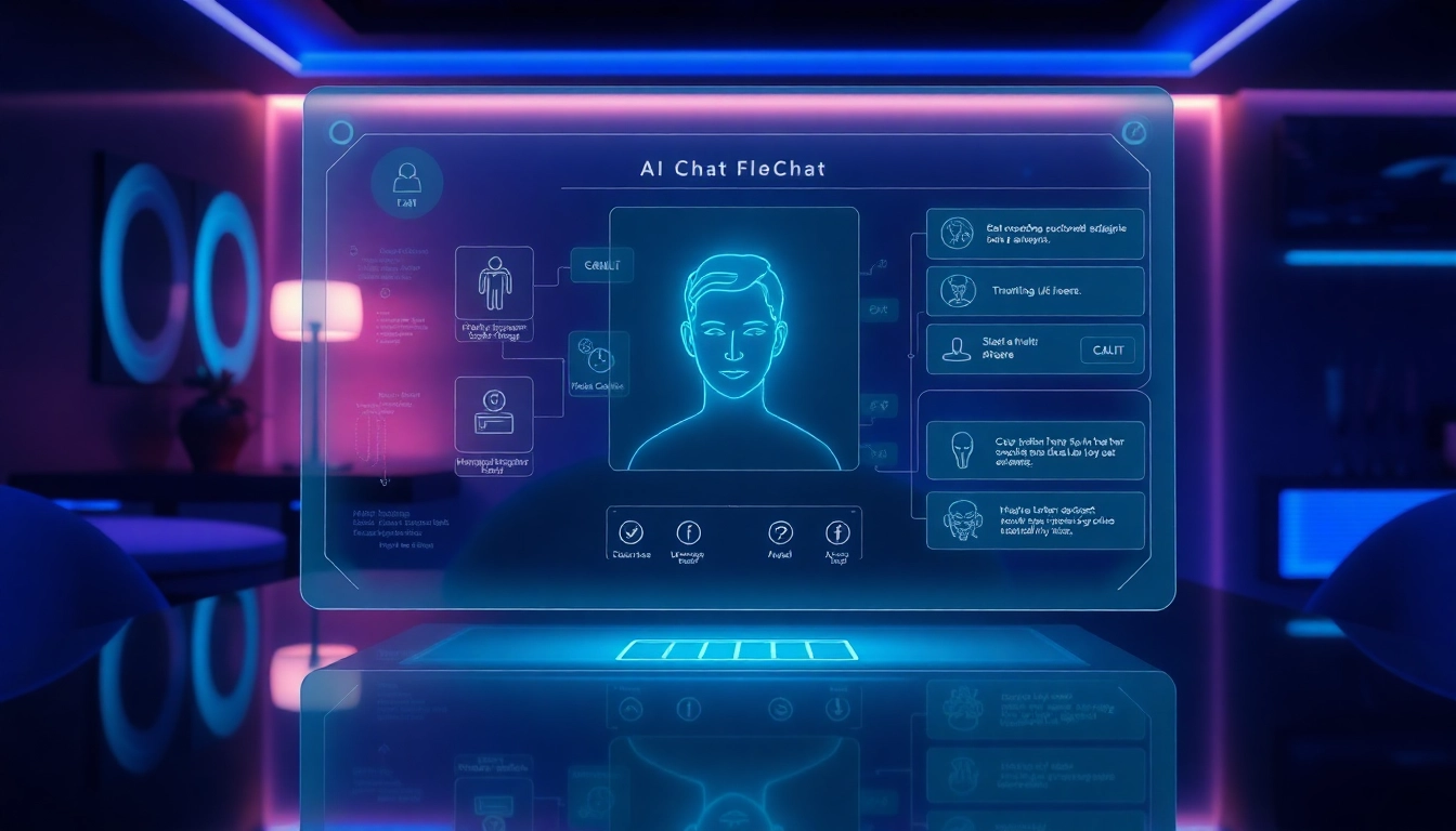 Futuristic AI interface with holographic visuals and digital avatar in a modern, dimly lit room.