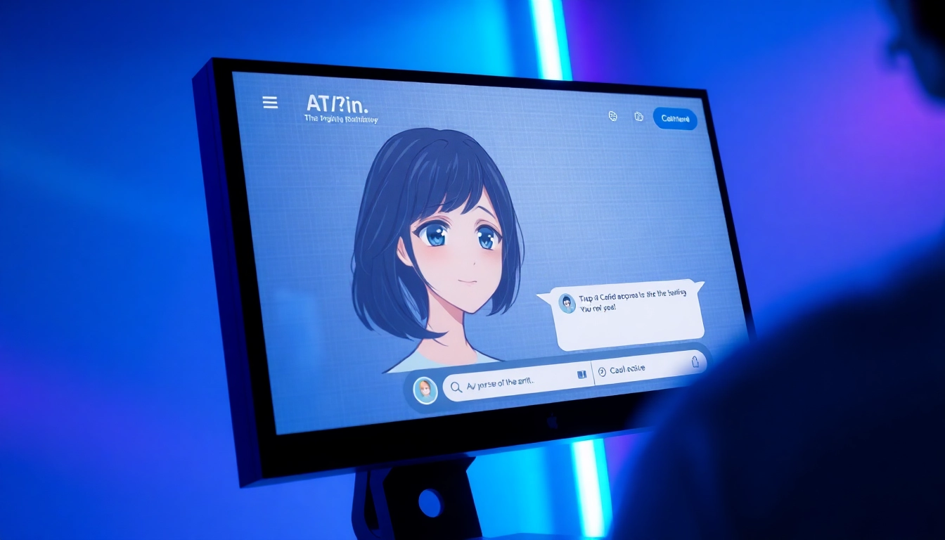 An AI interface screen showing a stylized anime female avatar with neon accents and a futuristic environment.