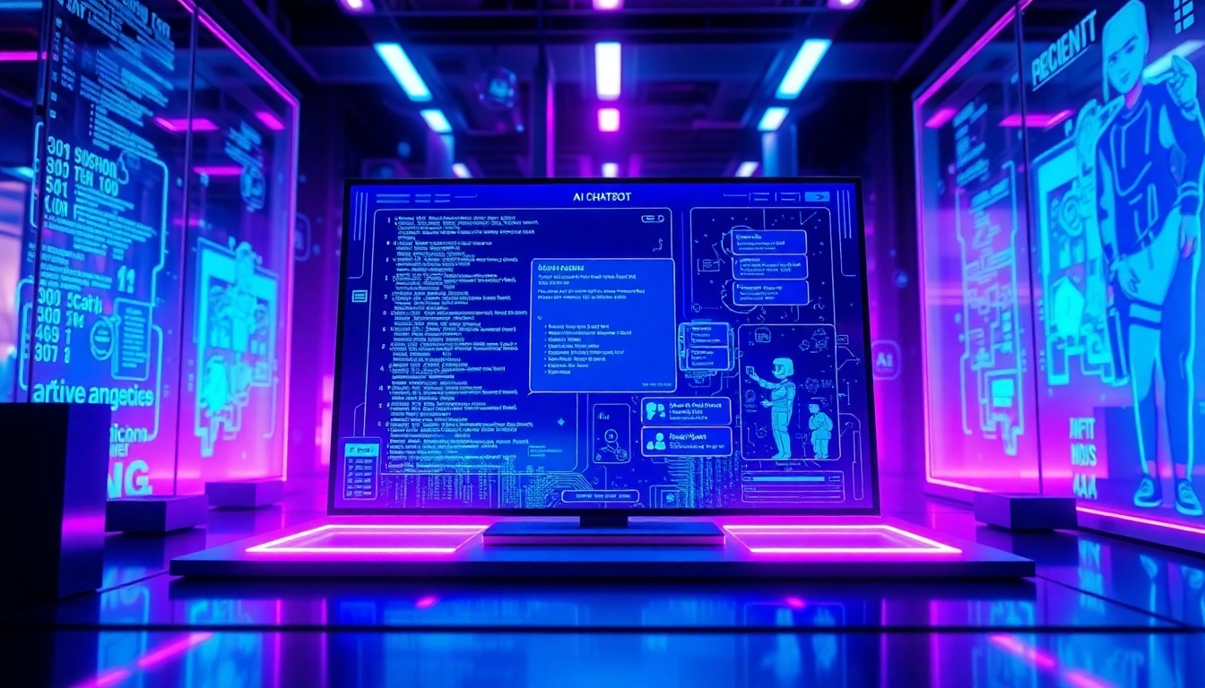 An advanced AI chatbot interface displayed on a futuristic screen with holographic elements and vibrant neon lighting.