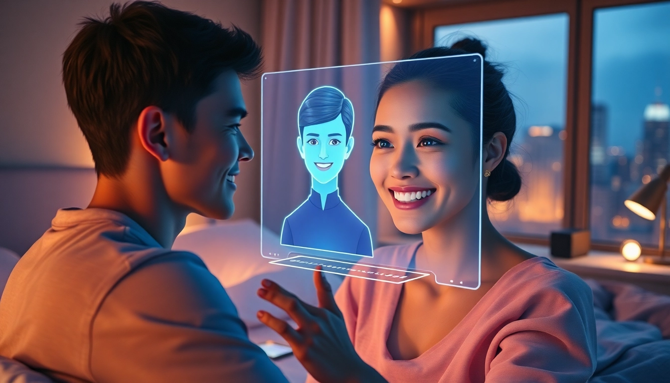 An AI girlfriend interacting with a user via holographic display in a cozy, modern bedroom at dusk.