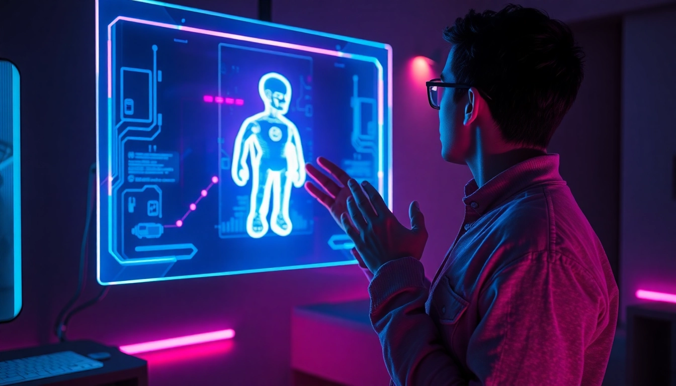 Futuristic AI interaction scene with holographic display and a user engaging with a virtual AI character in a modern tech environment.