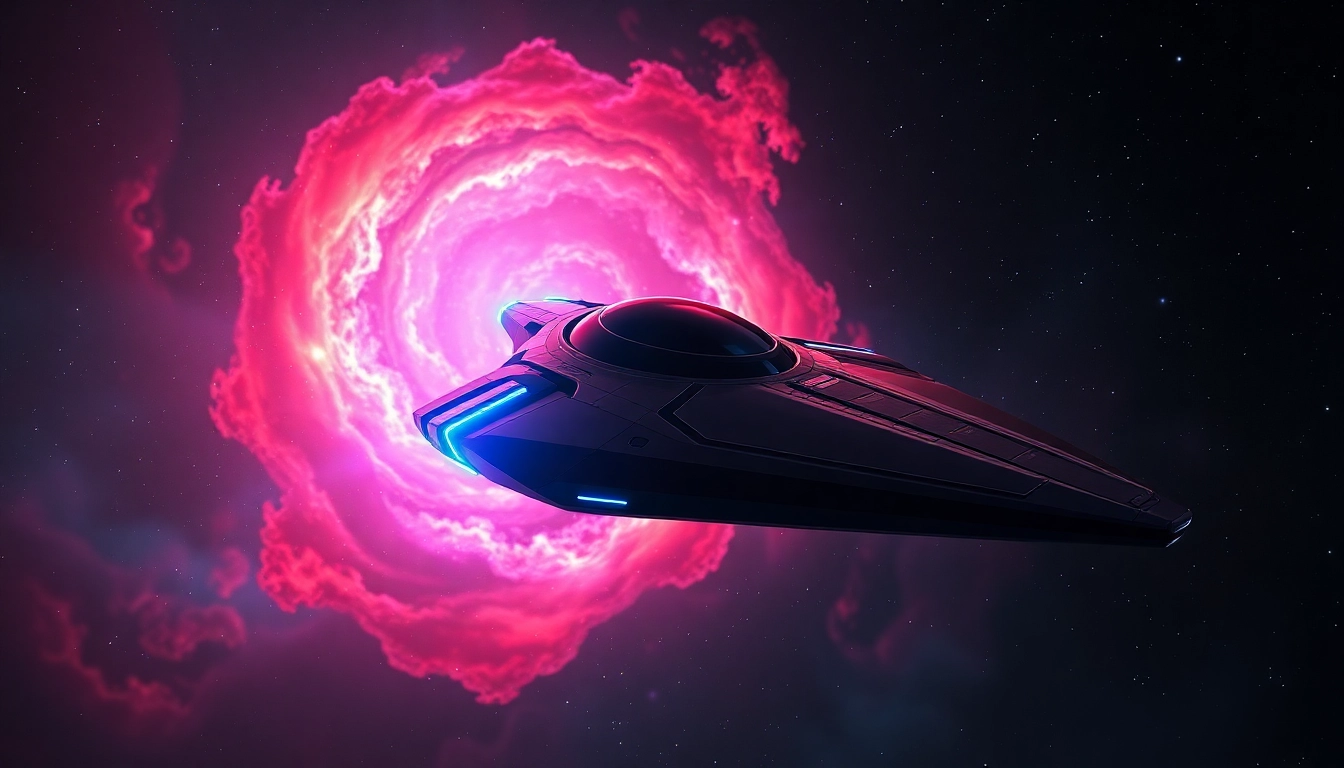 An advanced spaceship approaching a colorful nebula in deep space.