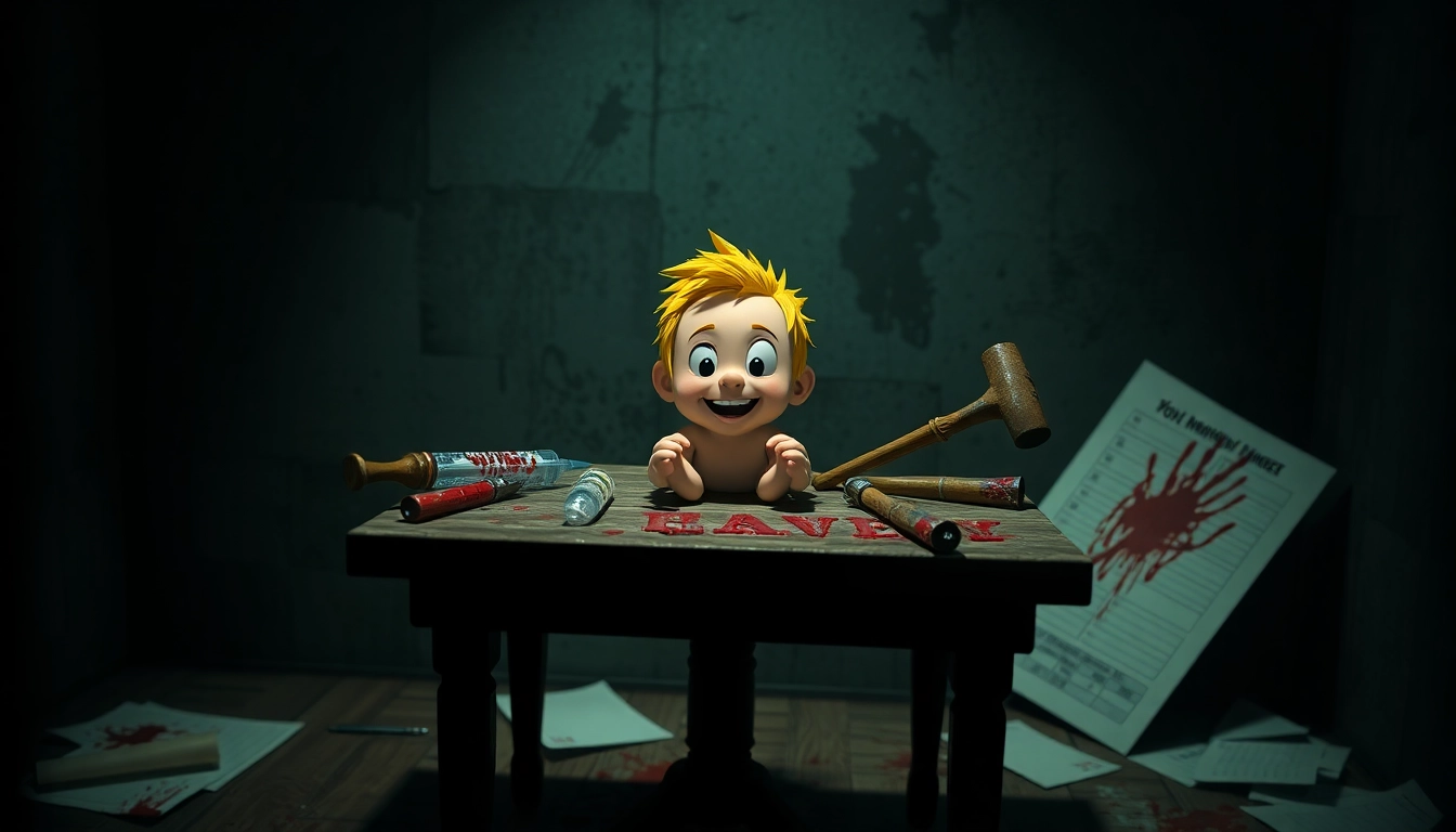 A disturbing scene showing Harvey, a cheerful cartoon character, surrounded by violent tools in a dark, unsettling room.