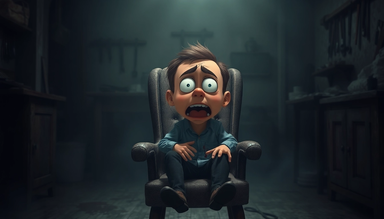 An unsettling scene with Harvey looking distressed in a dark room, highlighting the game's disturbing mood and moral dilemma.