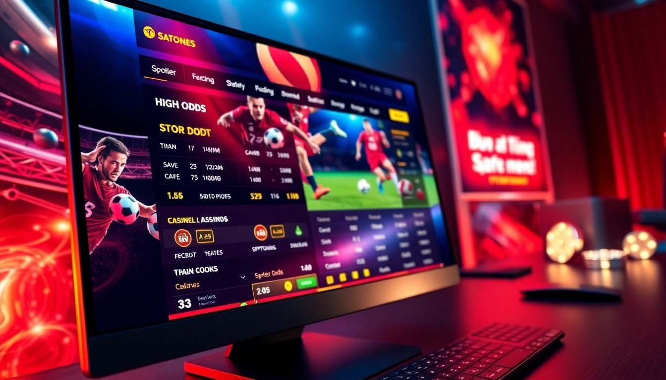 An animated depiction of an online sportsbook and casino platform with sports imagery and glowing interface elements.
