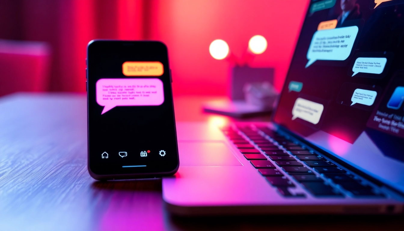 Close-up of a smartphone and laptop displaying colorful chat bubbles in a modern, intimate setting with warm tones and futuristic design elements.