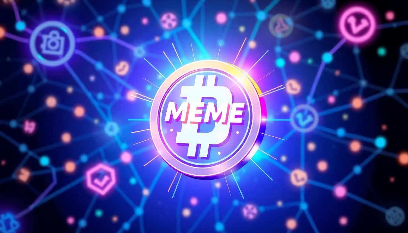 Dynamic memecoin in vibrant colors surrounded by digital network themes capturing the viral