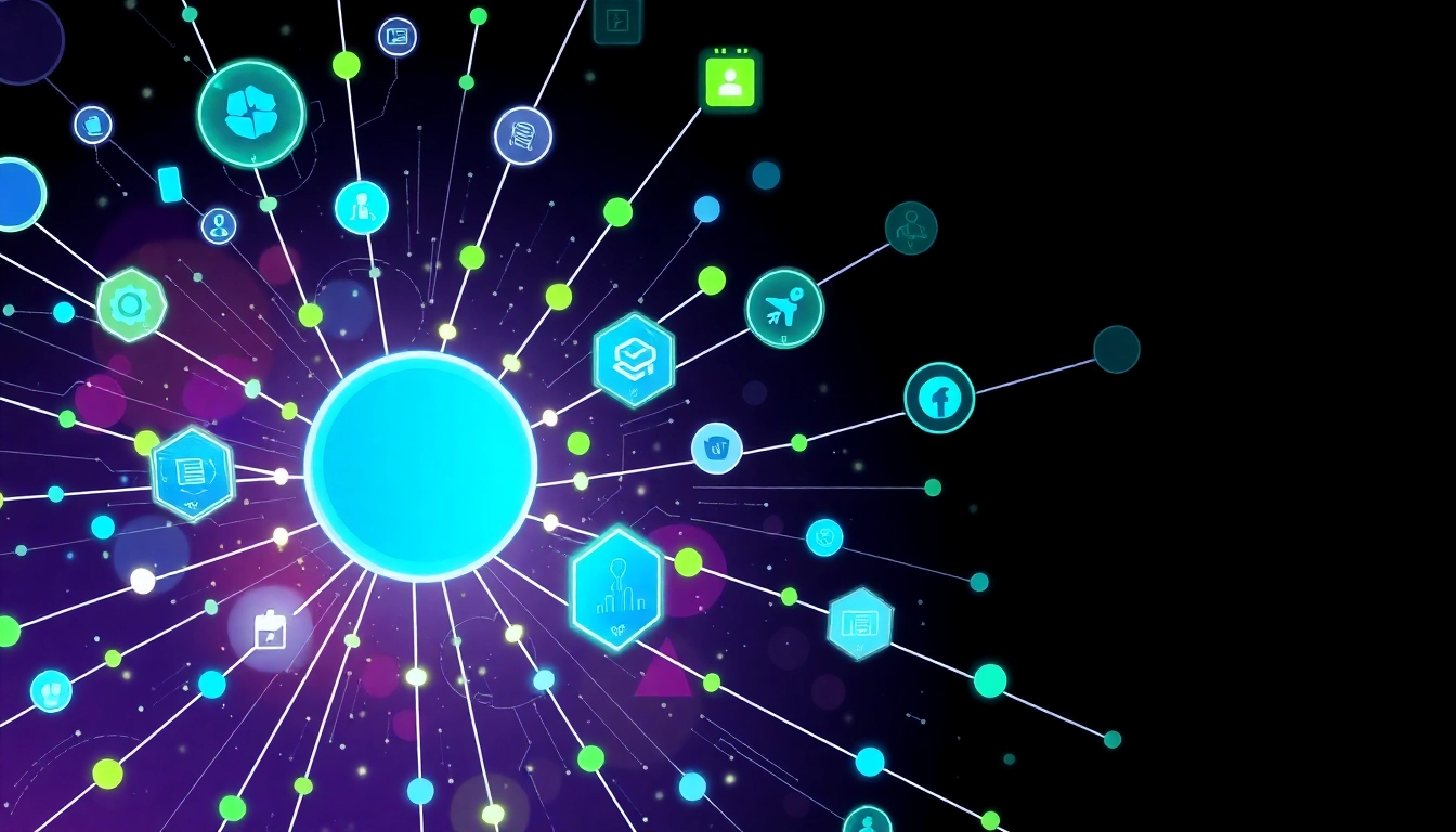 KJC branding with digital interconnected network, representing innovation, connectivity, and a modern tech ecosystem.