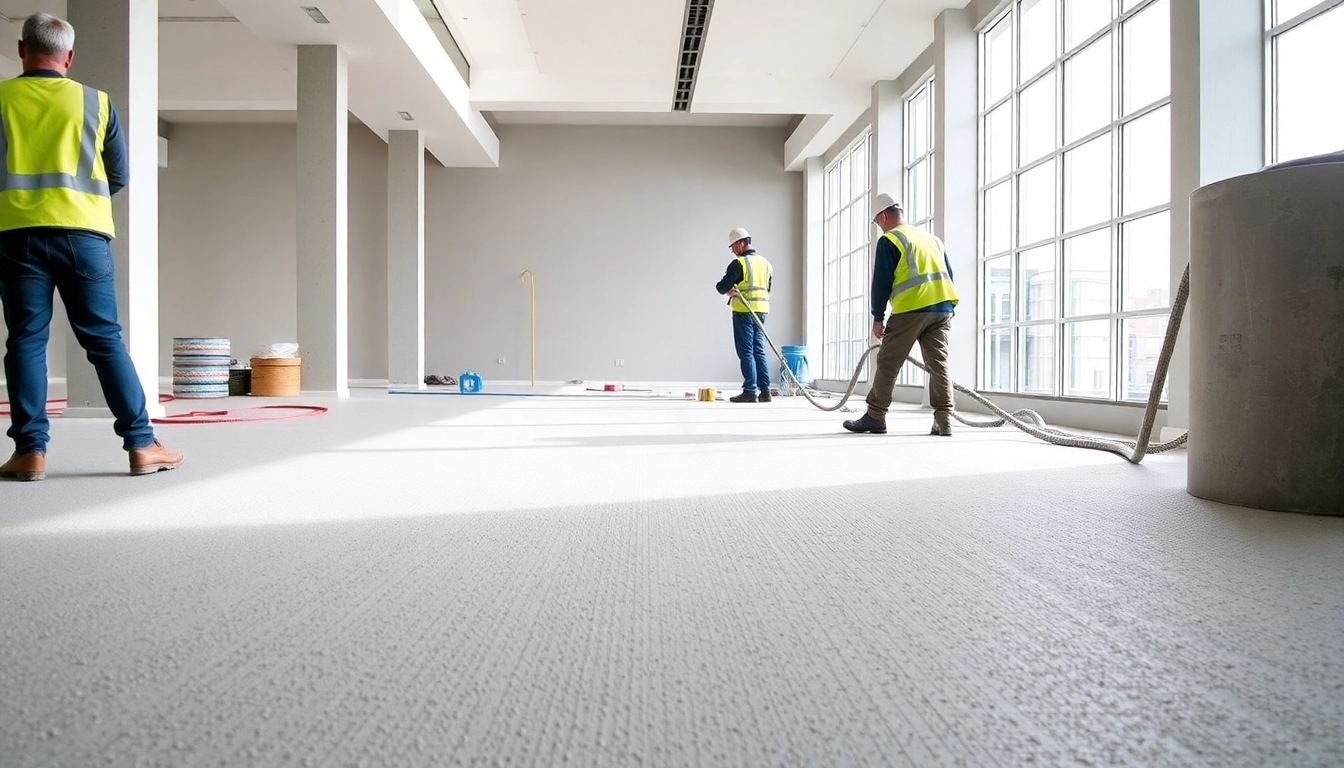 Professional team applying liquid screeding Birmingham for perfect floor leveling and